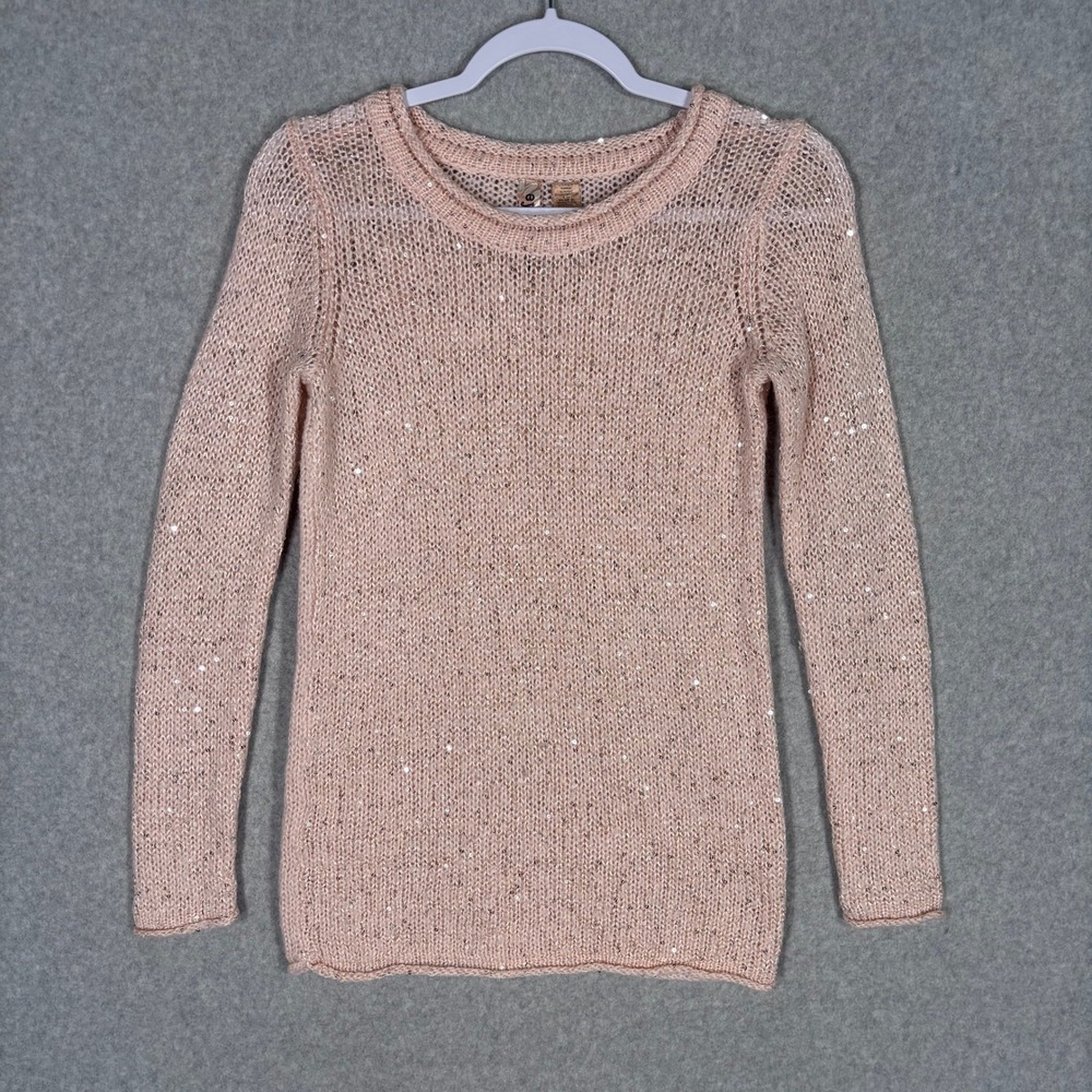Y2K Eyeshadow Open Knit Sequin Sweater Small Pink Sheer Shimmer Glam Pastel